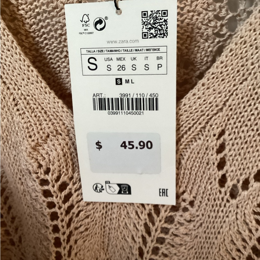 Zara Tan V-Neck Sweater with Open-Knit Design (FINALPRICEDROP ) - Picture 3 of 4